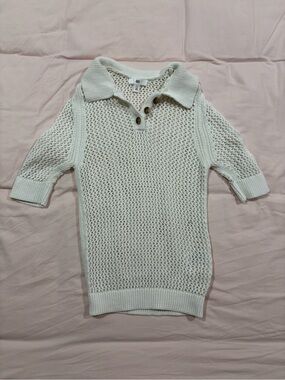 bp Cream Open-Knit V-Neck Polo Sweater